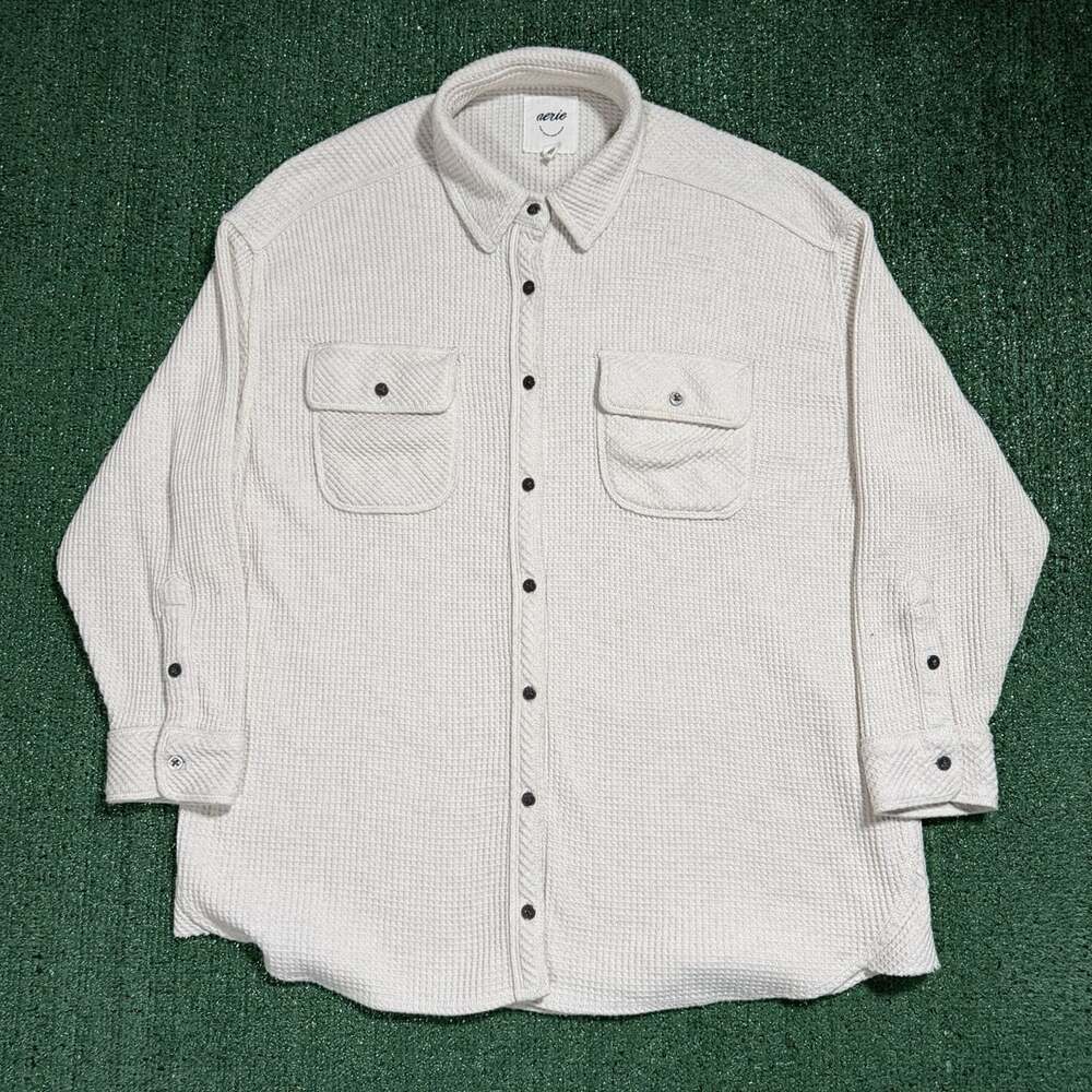Women’s Aerie Waffle Knit Button Up Shacket Size Small White Long Sleeve Shirt